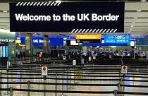A UK border sign welcomes passengers on arrival at Heathrow airport in west London