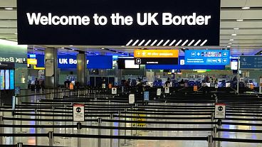 A UK border sign welcomes passengers on arrival at Heathrow airport in west London 