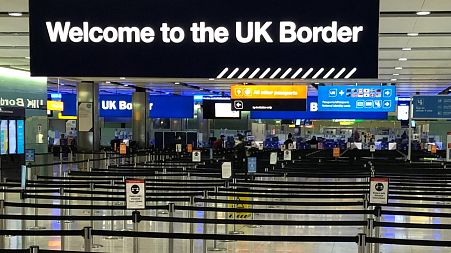 A UK border sign welcomes passengers on arrival at Heathrow airport in west London