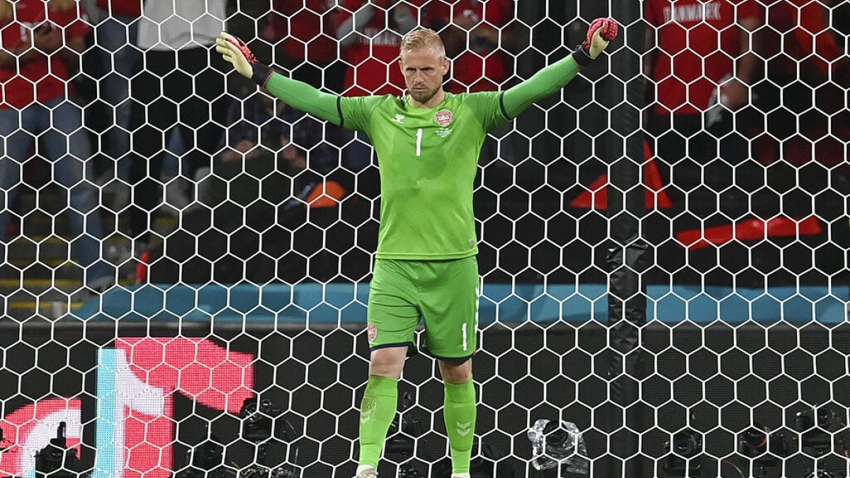 Denmark's goalkeeper Kasper Schmeichel was targeted with a laser pointer moments before Harry Kane scored the winning goal for England on Wednesday