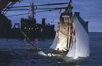 The front section of the passenger ferry MS Estonia is lifted from the sea at Uto in 1994.