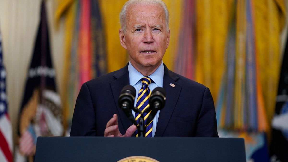 President Joe Biden speaks about the American troop withdrawal from Afghanistan, in the East Room of the White House, 