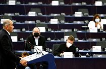Slovenian Prime Minister Janez Jansa speaks during a plenary session at the European Parliament