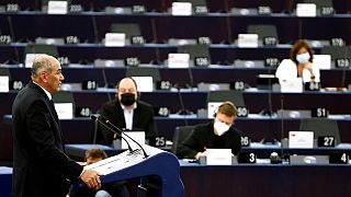 Slovenian Prime Minister Janez Jansa speaks during a plenary session at the European Parliament