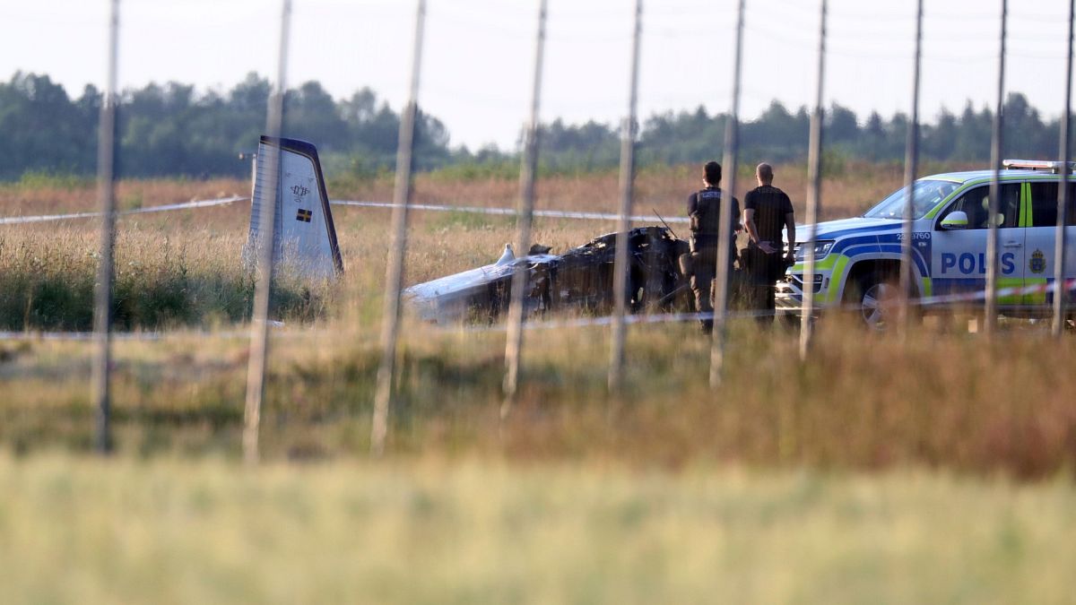Emergency services at the scene of small aircraft crash, at Orebro Airport in Sweden, Thursday, July 8 2021. 