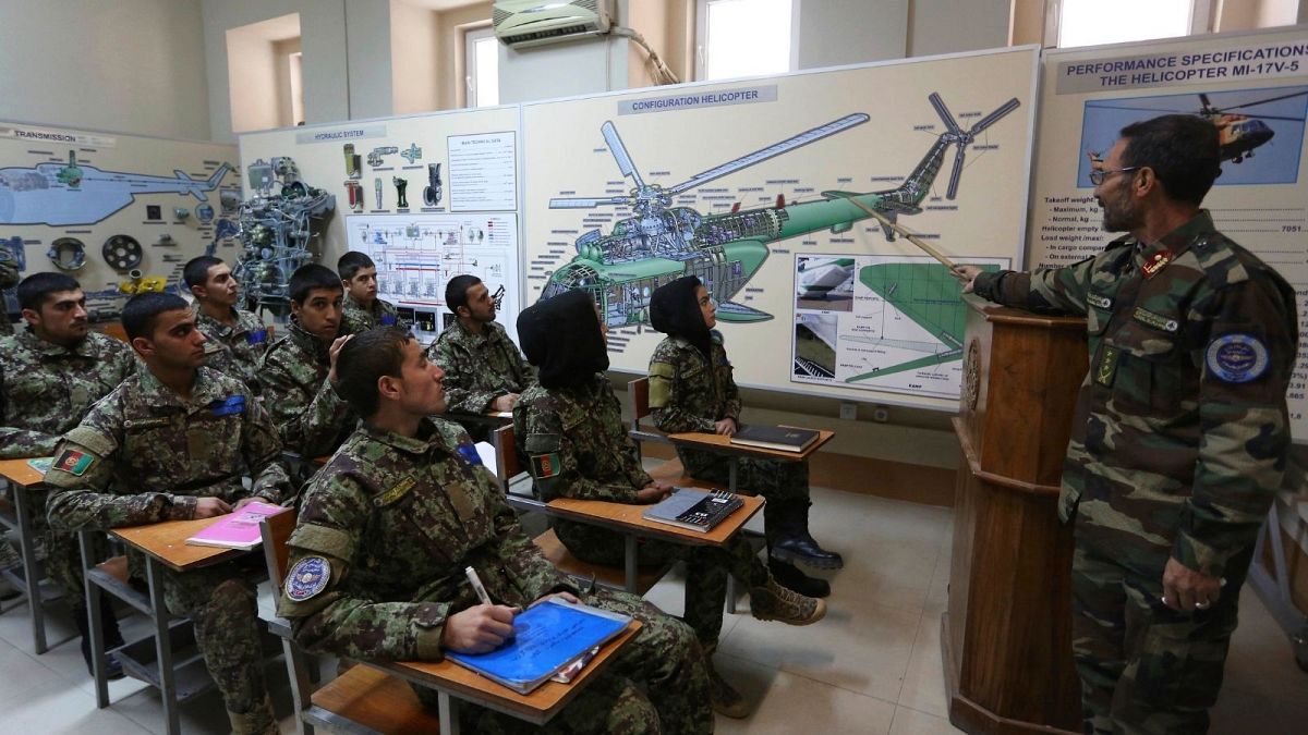 new Afghan air force pilots attend class at the air force university in Kabul