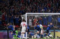 Italy's Leonardo Bonucci, left, celebrates after scoring his side's first goal during the Euro 2020.