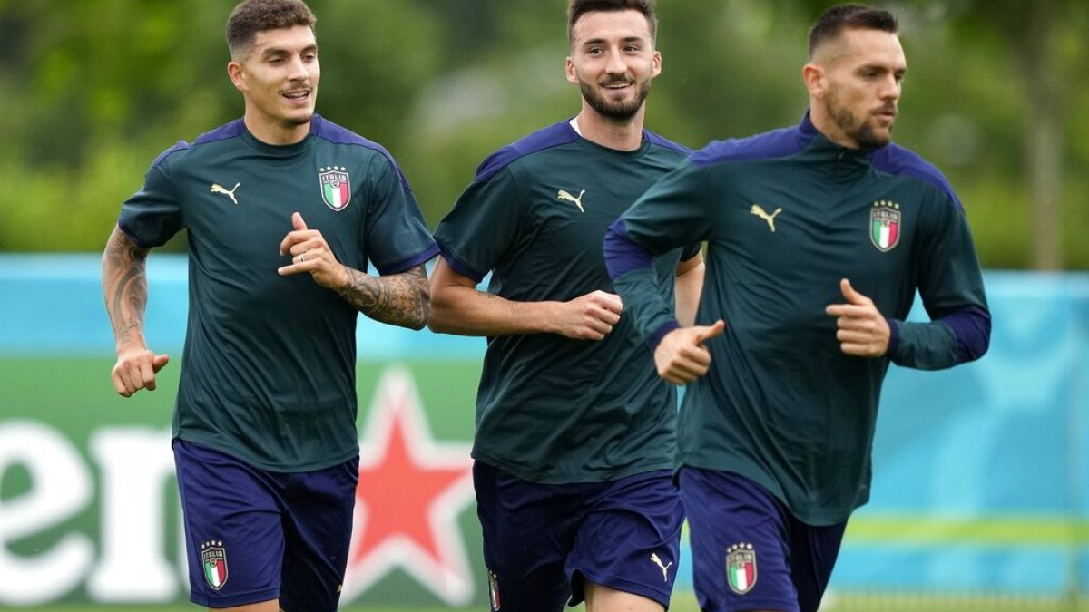Des joueurs de l'équipe italienne à l'entraînement à Londres, la veille de la finale de l'Euro 2020 contre l'Angleterre.