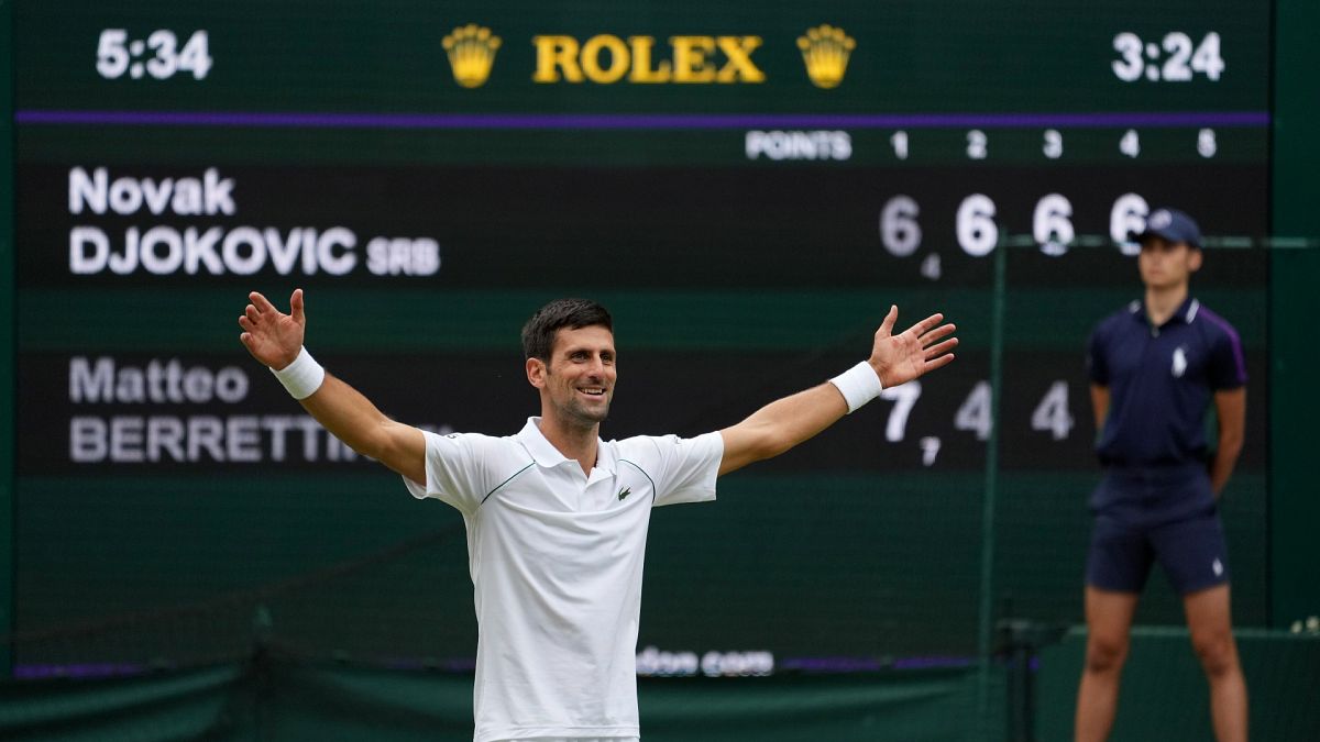 Serbia's Novak Djokovic celebrates his victory over Italy's Matteo Berrettini in the men's singles final at Wimbledon, London, July 11, 2021.