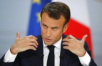 FILE: French President Emmanuel Macron delivers a speech at the Elysee Palace Thursday, April 25, 2019 in Paris.