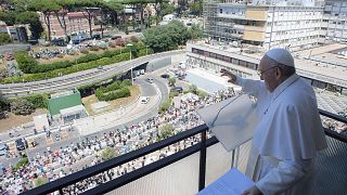 Pope Francis leading prayer last Sunday from the balcony of his room, at the Gemelli Hospital, in Rome, where he is recovering from colon surgery.