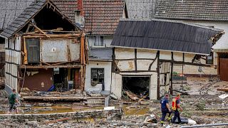 Destroyed houses are seen in Schuld, Germany, Thursday, July 15, 2021. 