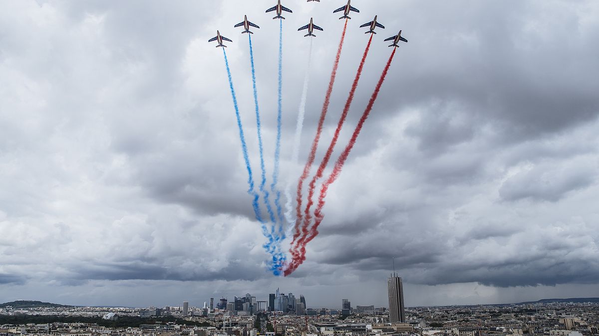 French Air Force Patrouille de France perform during a rehearsal for the Bastille Day parade in Paris Monday, July 12, 2021