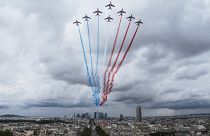 French Air Force Patrouille de France perform during a rehearsal for the Bastille Day parade in Paris Monday, July 12, 2021