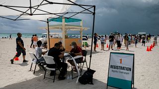 A pop-up vaccination center administering Johnson & Johnson single-doses in South Beach, Florida