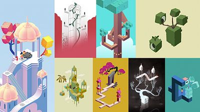 A collage of gameplay from Monument Valley II.