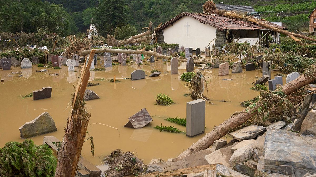The cemetery in Altenahr, Germany, is flooded by high water from heavy rain 