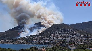 Smoke billows from a fire raging near El Port de la Selva and Llanca close to the Cap de Creus Natural Park on July 16, 2021.