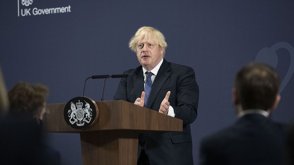 Britain's Prime Minister Boris Johnson delivers a speech on plans to "level up" the country during his visit in Coventry, Thursday, July 15, 2021. 