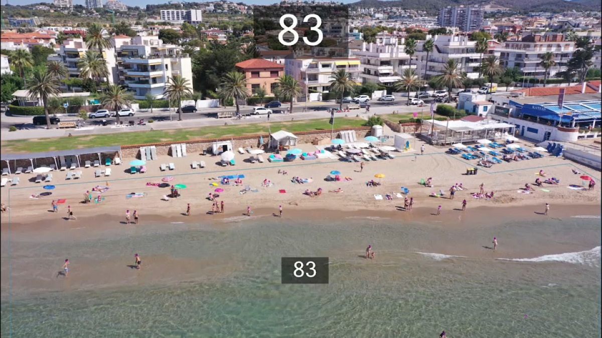 Imagem de drone indicando haver 83 pessoas na praia no momento do registo