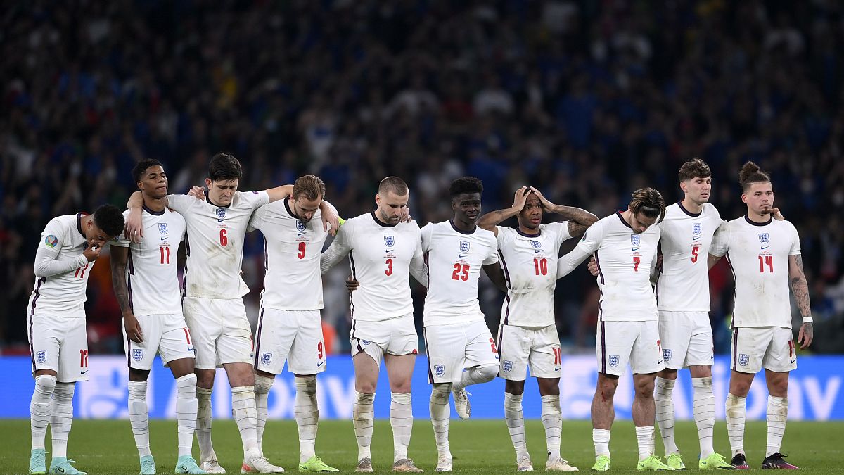English players during the penalty shootout of the Euro 2020 final match between England and Italy at Wembley stadium in London, July 11, 2021. 