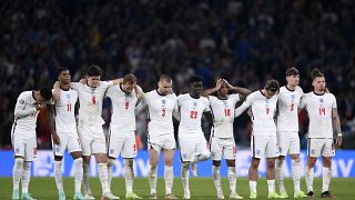 English players during the penalty shootout of the Euro 2020 final match between England and Italy at Wembley stadium in London, July 11, 2021. 