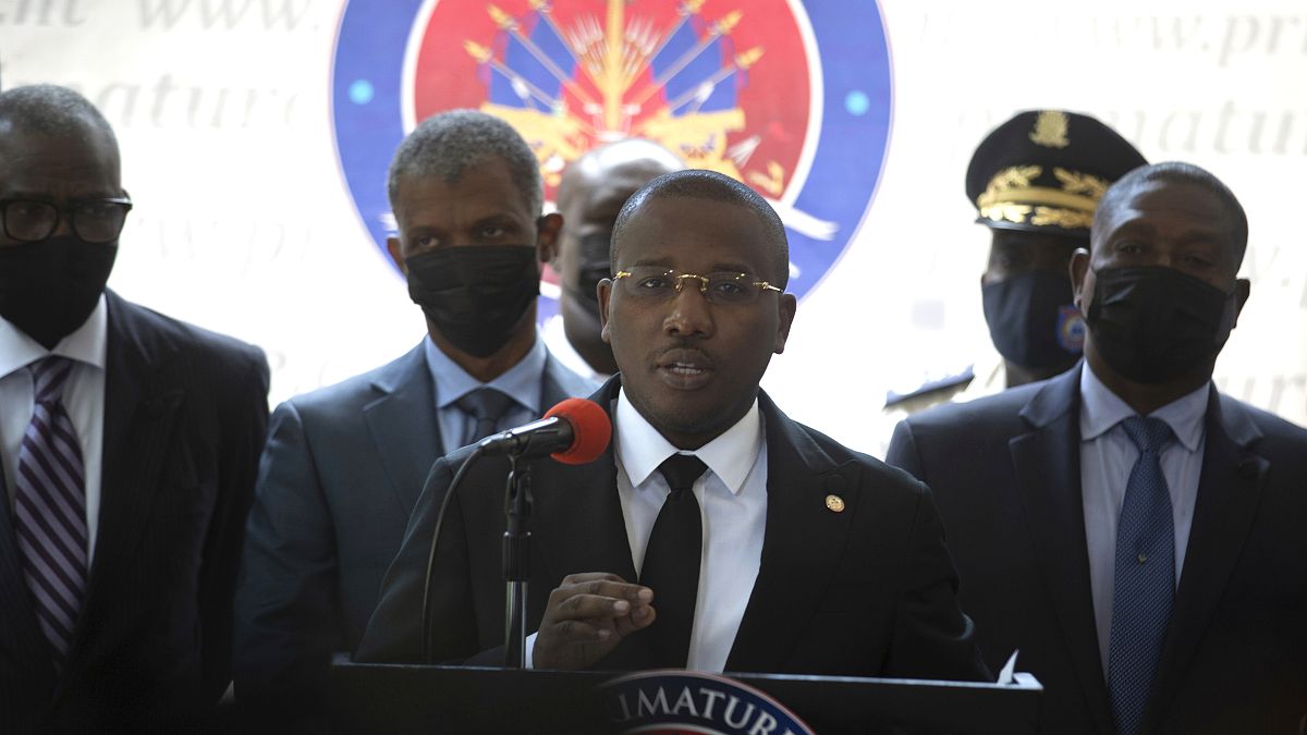 Haiti's interim Prime Minister Claude Joseph gives a press conference in Port-au-Prince, Friday, July 16, 2021