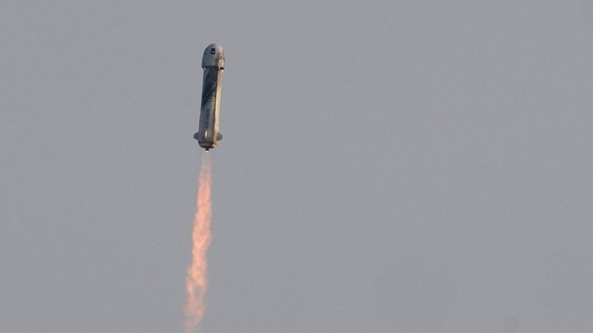 Blue Origin's New Shepard rocket launches carrying passengers Jeff Bezos, founder space tourism company Blue Origin, brother Mark Bezos, Oliver Daemen and Wally Funk 
