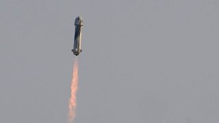 Blue Origin's New Shepard rocket launches carrying passengers Jeff Bezos, founder space tourism company Blue Origin, brother Mark Bezos, Oliver Daemen and Wally Funk