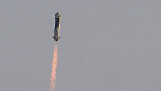 Blue Origin's New Shepard rocket launches carrying passengers Jeff Bezos, founder space tourism company Blue Origin, brother Mark Bezos, Oliver Daemen and Wally Funk 