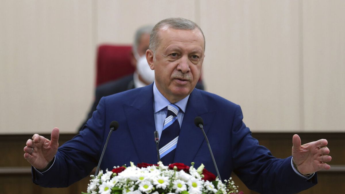Turkey's President Recep Tayyip Erdogan addresses the Turkish Cypriot parliament in Nicosia as part of a two-day visit on Monday.