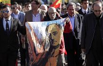 An image of Gen. Francisco Franco is pictured during a gathering outside the Mingorrubio cemetery where the Spanish dictator is now laid to rest.