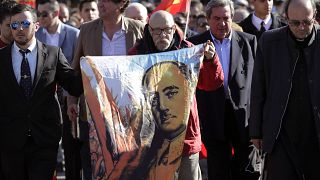 An image of Gen. Francisco Franco is pictured during a gathering outside the Mingorrubio cemetery where the Spanish dictator is now laid to rest.