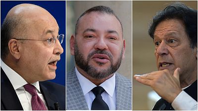 من اليمين: رئيس وزراء باكستان عمران خان (AFP)، العاهل المغربي الملك محمد السادس (AP)، والرئيس العراقي برهم صالح (AP)