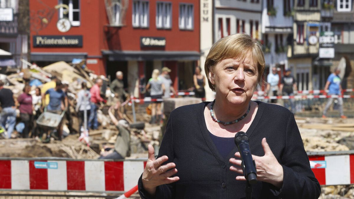 German Chancellor Angela Merkel speaks at a press conference in Muenstereifel, Germany, Tuesday, July 20, 2021. 