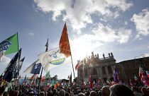 A flag of the Italian League party is seen at a 2019 political rally in Rome.