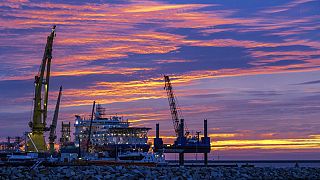 The Russian Nord Stream 2 pipe-laying ship ‘Akademik Tscherski’ moored at the port of Mukran on the island of Ruegen, Germany