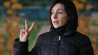 Maia Sandu speaks to people during a meeting in Loganesti, Moldova.