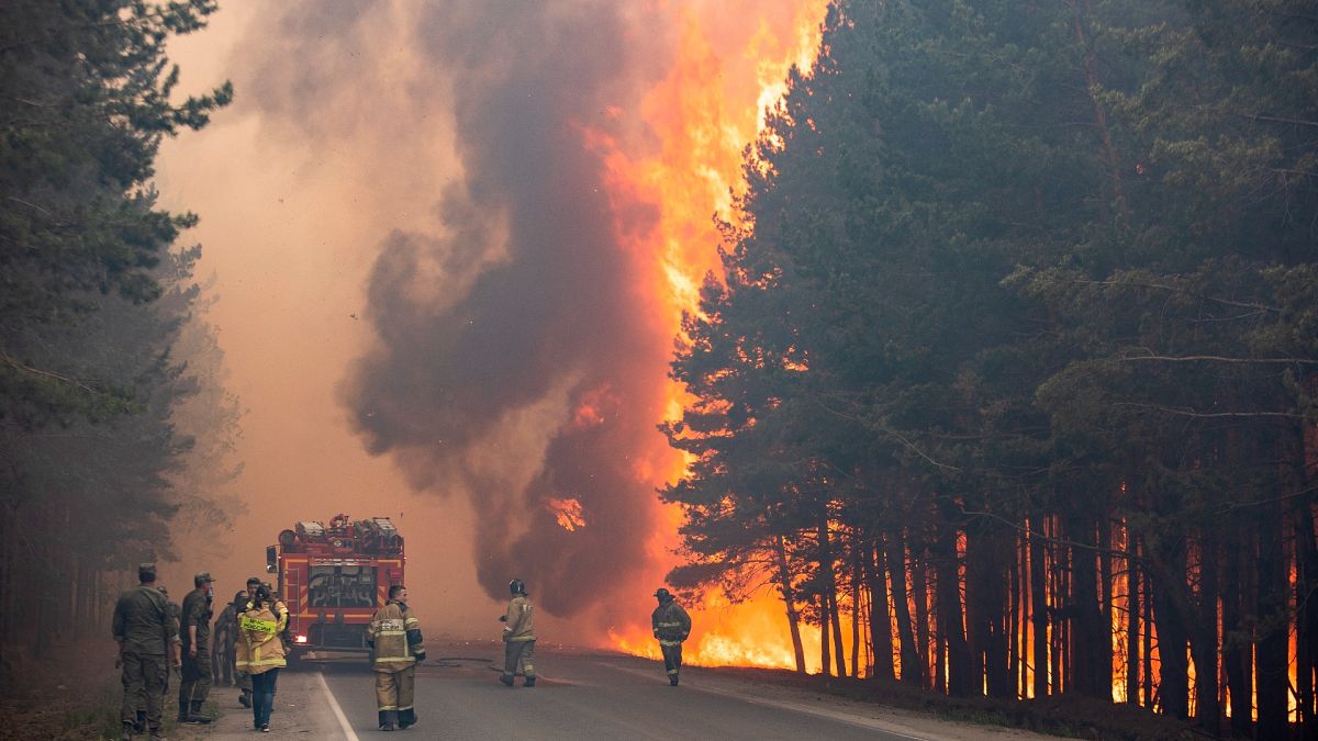 In this June 16, 2021 photo, firefighters work at the scene of forest fire near Andreyevsky village outside Tyumen, western Siberia, Russia.