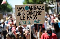 A protestor holds a banner reading "Vax and anti-vax are united against the pass" in France