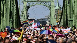 People march across the Szabadsag, or Freedom Bridge over the River Danube in downtown Budapest during a gay pride parade
