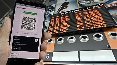 Screen of a mobile phone bearing a QR code as part of a EU Digital Covid certificate
