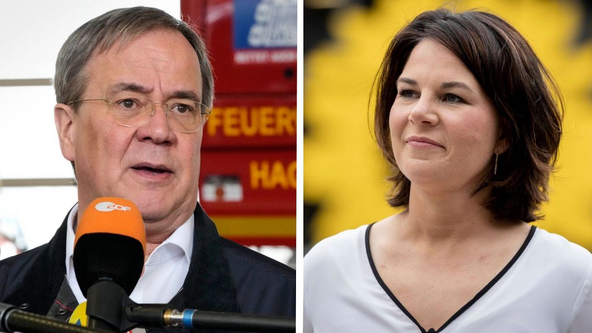 CDU candidate Armin Laschet (L) is currently governor of North Rhine-Westphalia, while Annalena Baerbock serves as the German Green Party co-chairwoman.