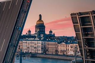 The English embankment and dome of St Isaacs Cathedral, St Petersburg