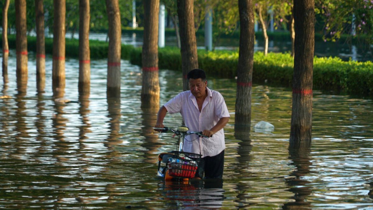 A man pushes a scooter through floodwaters in Xinxiang in central China's Henan Province, Monday, July 26, 2021. 