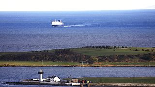 FILE - In this Jan. 1, 2021 file photo, a P&O ferry from Scotland crosses the Irish Sea making way towards the port at Larne on the north coast of Northern Ireland.