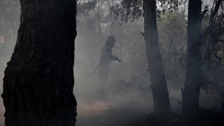 Firefighters battle a wildfire in Dionysos, north east of Athens, on July 27, 2021.