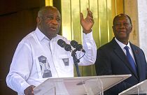 L'ancien président ivoirien Laurent Gbagbo et son successeur encore au pouvoir Alassane Ouattara au palais présidentiel d'Abidjan, 28 juillet 2021