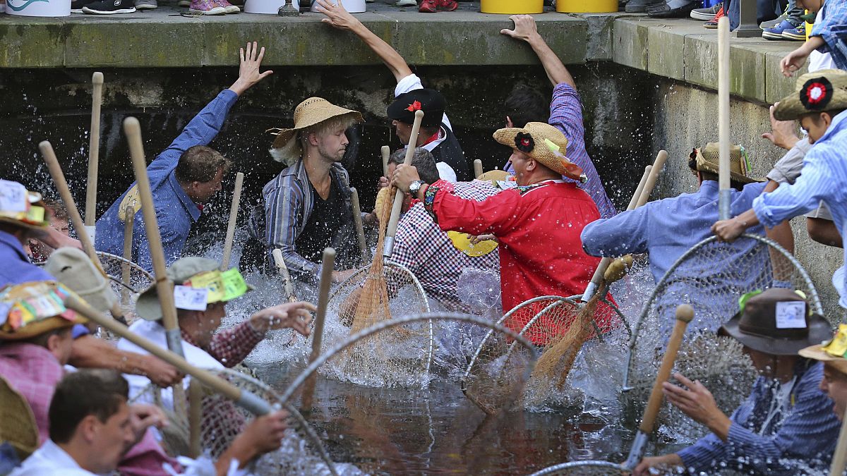 Participants of the Fischertag jump with their 'Baeren' hand nets into the ​stream in Memmingen.