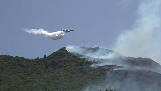 Firefighting airplanes dropping water Peloponnese forests.